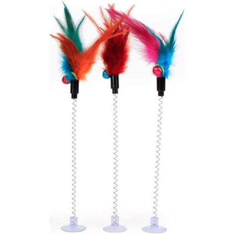 Bâtonnets ludiques pour chat (lot de 3) - Jouet interactif à ressort avec plumes et clochettes - Plumes de couleur aléatoire (emballage individuel) (1/3)