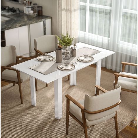 Mesa de comedor extensible de MDF, blanco brillo, 120-160 x 80 x 78 cm, 4-6 personas (1/5)