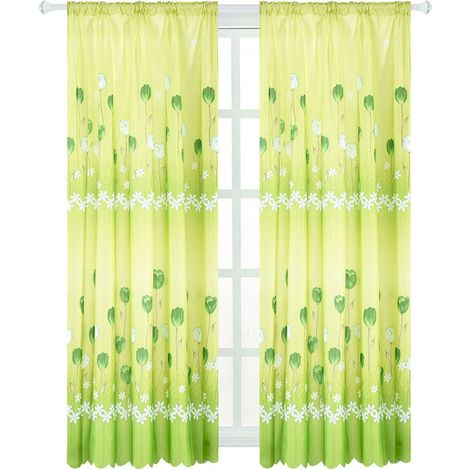1 Rideau en Tulle Brodé Voile Transparent Vert - Écharpe pour Fenêtre - 100x200cm (1/5)