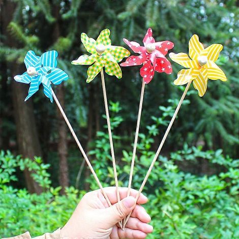 Moulin à vent en forme de fleur, 4 éoliennes multicolores pour jardin, balcon et décoration extérieure (couleurs aléatoires) (1/5)