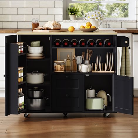 Îlot de cuisine roulant avec plateau rabattable, desserte à roulettes, meuble de rangement, buffet avec porte-serviettes, tiroir, casier à bouteilles intégré et freins, 104 × 45 (69) × 89 cm (1/5)