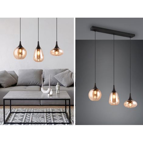 Pendelleuchte 3 flammig Glasschirme Amberfarbig mit E14 LED, Breite 69cm (1/5)