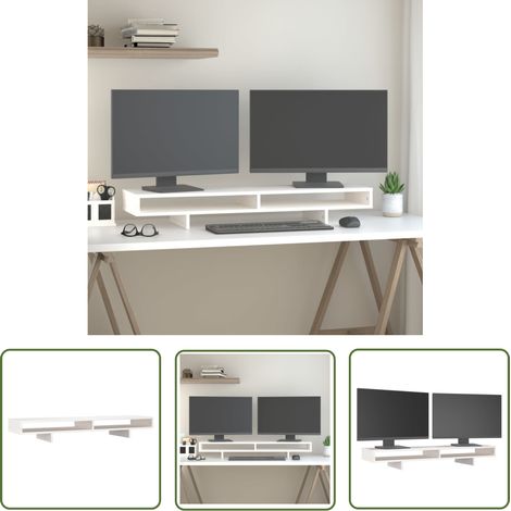 The Living Store Monitorständer Weiß 100x27x14 cm Massivholz Kiefer - Monitorständer - Holzmöbel - Schreibtischorganisator - Kiefernholzmöbel - Ergonomischer Monitorstand (1/5)