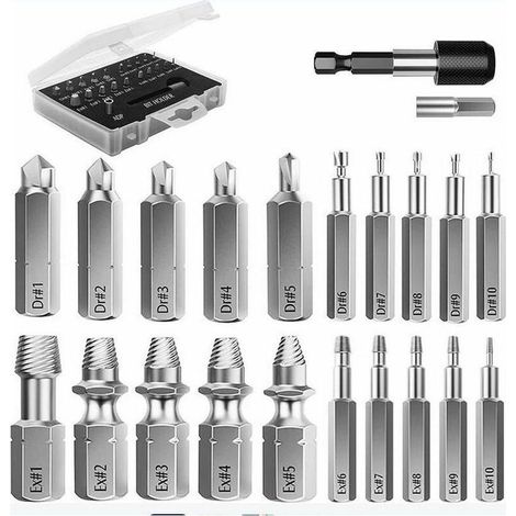 Kit d'Extracteur de Vis Cassé, 22 PCS Outils d'Extraction Améliorés en Acier Allié HSS 4341 avec Mèches 2 Porte-embouts d'Extension Magnétique Adaptateur de Prise pour Boulon Endommagé, Noir (1/5)