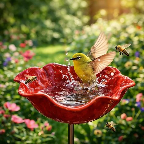 Décoration abreuvoir abeille jardin – Fleur métal, papillon – Bol bain oiseaux – Art extérieur coloré (1/5)