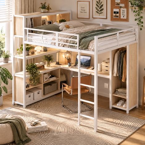 JOOKGBD-Letto Soppalco Metallico 140×200cm Bianco ed Effetto Legno Chiaro, con Scrivania Integrata, Mensole Multiple, Appendiabiti Integrato, Scala a 4 Gradini, Ringhiera di Sicurezza, Portata 250kg (1/5)