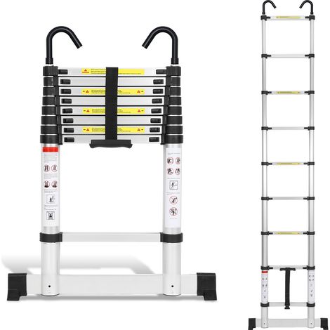 Wolketon Aluminium Teleskopleiter 2,6M Silber, Leiter Ausziehbar mit Stabilisator und Abnehmbaren Haken, Klappleiter, Mehrzweckleiter, Stehleiter, Haushaltsleiter, Außenleiter, 150 kg Belastbarkeit
