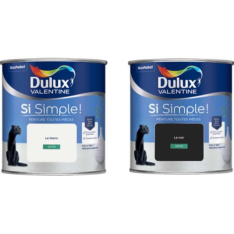 Dulux Valentine Peinture Si Simple Lot de 2 Peinture Intérieure Toutes Pièces Satin - Peinture Murs et Plafonds, Portes et Plinthes - Couleurs : Le Blanc & Le Noir 0,5 L