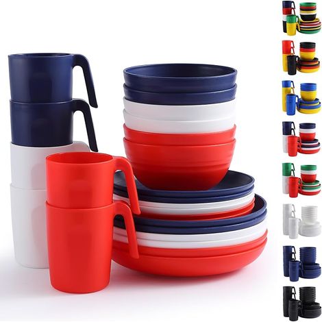 24-teiliges Kunststoffgeschirr-Set für 6 Personen, FR Color, wiederverwendbare Teller und Schüsseln, einschließlich Speiseteller, Dessertteller, Müslischalen, Becher für Zuhause, Garten und Picknicks (1/5)