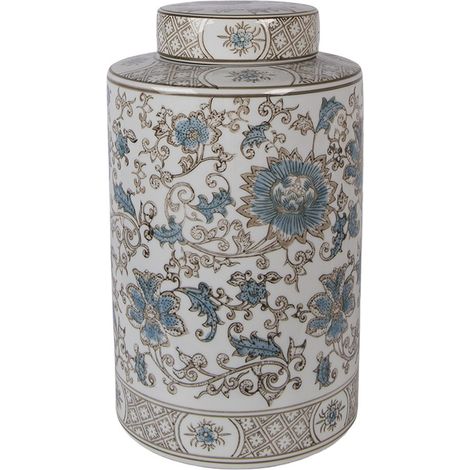 Vase avec Couvercle en Céramique Blanc et Bleu Pot Décoratif pour Rangement et Déco Ø 18 x 30 cm - PANGIVO (1/3)