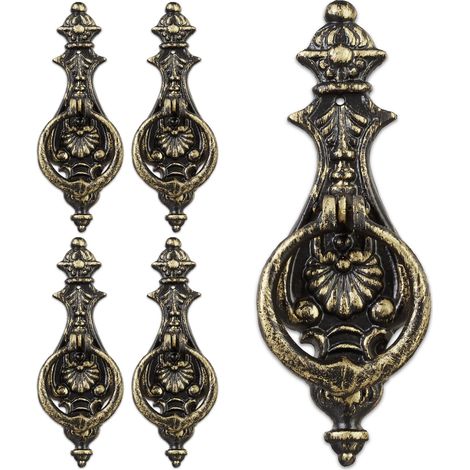 Relaxdays Set of 5 Antique Knockers, Cast Iron, Embellished Ring, For Front Door, HxWxD: 24 x 8.5 x 3 cm, Bronze/Black