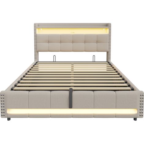Cama abatible acolchada 180x200 cm con LED, USB y cabecero con estantes beige MODENUIT (1/5)