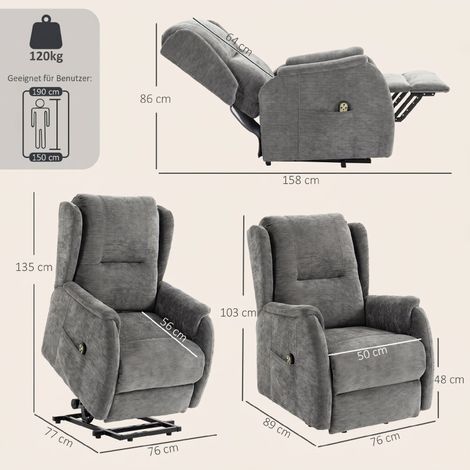 Fauteuil relax TV inclinable avec aide au lever pour personnes âgées, tissu velours aspect gris anthracite, télécommande incluse, rangements latéraux pratiques. (1/5)