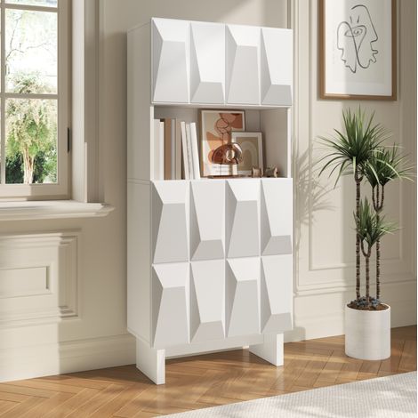 MODFU – Vetrina 60,5x34x135,5 cm con 4 ante a rilievo, nicchia aperta e ripiano regolabile per salotto o ufficio – Bianco (1/5)
