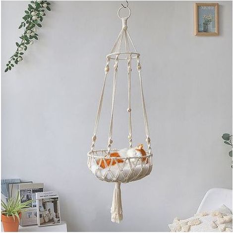 Pair Hamac pour chat en macramé en bois et corde de coton tissé à suspendre (30100cm)