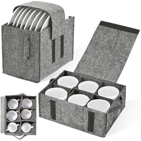 BUNTHAUS Lot de 2 (Gris) Porte Assiette Feutre & Porte Tasses, Sac Feutre Cuisine Pliable, Boîte Rangement Vaisselle pour 8 Assiettes et 6 Tasse, Supports Rangements pour Camping Car, Armoires, Carava