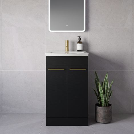 Napoli 390 Nero Oak 500mm 2 Door Vanity Unit with Arc Basin - 500mm - Brushed Brass 160mm Handle