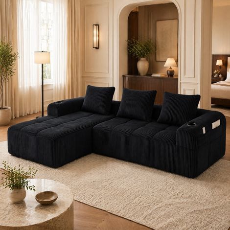 Kompaktes Sofa 253 × 158 × 61 cm aus schwarzem Cord mit Getränkehaltern – MEUBLIV (1/5)
