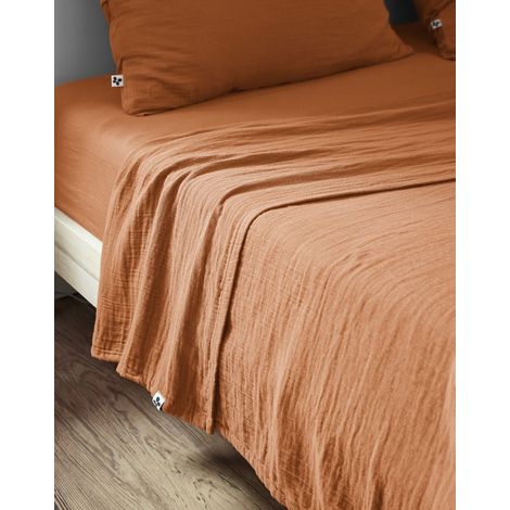 Drap Plat 240 x 300 cm – Double Gaze de Coton Luxe – Gaïa Abricot (1/4)