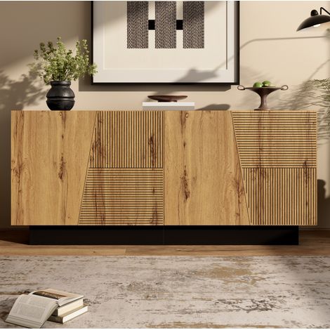 REDOM - Buffet 160x40x72cm Grand espace de rangement panneau de particules Robuste Noir et bois (1/5)