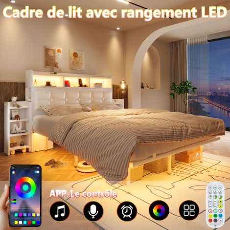 Lit double 140190 cm avec sommier et tête de lit, avec 2 tables de nuit amovibles, avec compartiments de rangement, avec fonction de charge pour téléphone (interface TYPE C et USB), avec LED, blanc (1/5)