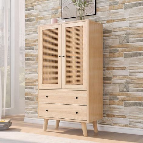 Commode avec 2 portes et 2 tiroirs - En rotin - Avec tiroir - Buffet haut - En bois - Armoire polyvalente pour couloir, chambre, salon, salle à manger (1/5)