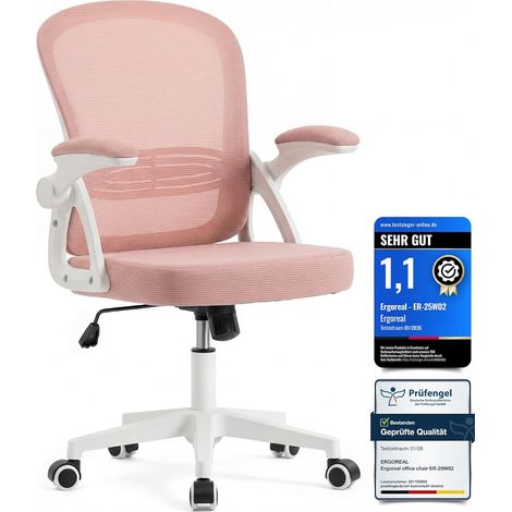 Chaise de bureau ergonomique rose, accoudoirs rabattables, dossier inclinable 90-110°, maille, charge 140 kg (1/5)