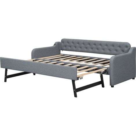 Divano letto 90 x 200 cm grigio in lino con letto estraibile e porta USB (1/5)