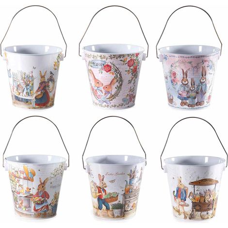 Secchielli / vasi con manico in metallo con stampa a fantasia di Pasqua, set da 6 pezzi, Ø13cmx12H (con manico21)