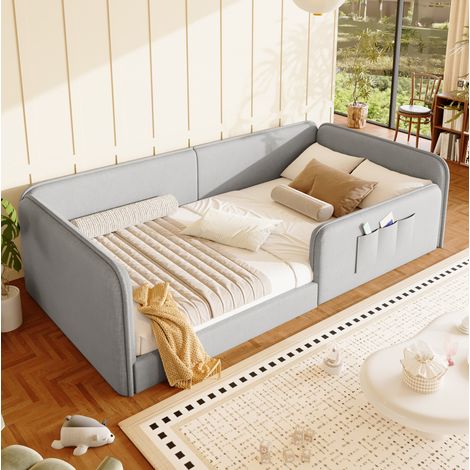 Polster-Plattformbett 90 x 200 cm aus Leinen mit Aufbewahrungstaschen, Grau, OKMYHOME (1/5)
