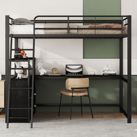 Lit mezzanine 140x200cm, cadre en fer robuste, bureau en L intégré, tiroirs pratiques, design stratifié élégant, sans matelas, noir (1/5)