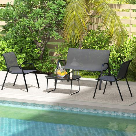 Ensemble jardin canapé 2 places 2 fauteuils empilables table basse en verre - Couleur: Noir