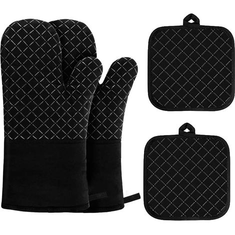 Juego de 4 manoplas de horno, resistentes al calor hasta 260 °C, con patrón antideslizante de silicona, reutilizables, negras, 30 cm, 1 juego (1/5)