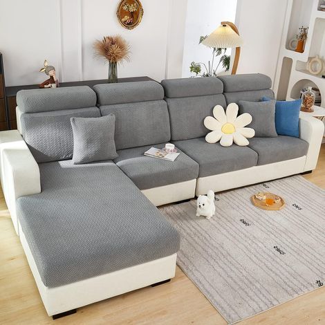 Housse de coussin de canapé – Très extensible – Universelle et antidérapante – Pour canapé en forme de L, chaise longue – Protection de meubles (tissages, gris) (1/4)