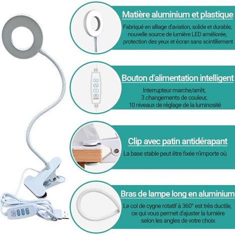 Klemmleuchte Bürolampe 3 Beleuchtungsmodi Klemmleseleuchte zum Lesen und Arbeiten mit USB-Ladegerät um 360 Grad drehbarer Lichtarm Energieklasse