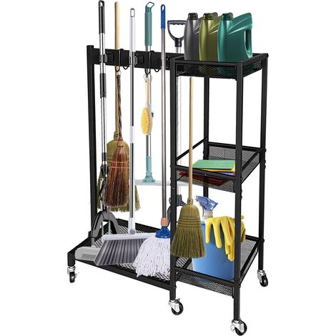 Chariot de Nettoyage 3 Étagères, Rangement Aspirateur et Balais, Organisateur Mobile pour Buanderie, Maison, Hôtel - Armoire à Balai Mobile avec 6 Roues (Capacité 50kg) (1/5)