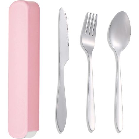 (Rose) Couverts, couteaux, fourchettes et cuillères utilisés par les élèves pour les repas à l'école, avec une boîte de rangement. (1/5)