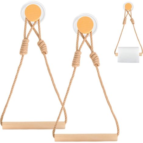2 x Self Adhesive Toilet Paper Roll Holder, Wall Mounted Toilet Paper Holder, No Drilling, Toilet Paper Holder, Bathroom Toilet Paper Holder, Wooden Rope Ring, Rustic (1/5)