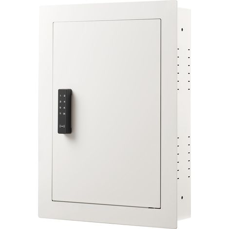 Mophorn Caja fuerte empotrable con combinación, llave y pomo giratorio, fabricada en acero laminado en frío Q235, incluye estantes ajustables y orificios de instalación para guardar dinero, blanco