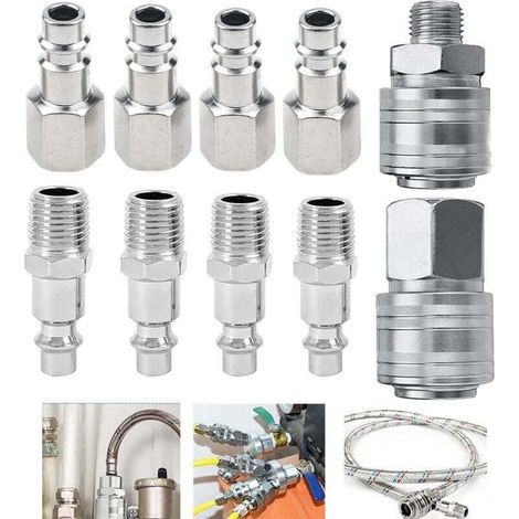 10 PCS Raccords de compresseur 1/4"BSP Raccord Rapide Pneumatique Européen Coupleur pneumatique d'air kit compresseur accessoire d'air tuyau air comprimé du connecteur Homme Femme (1/4)