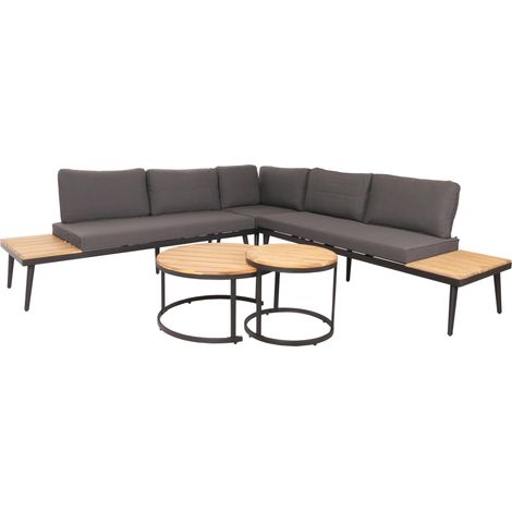 Garten-Garnitur HHG-215c, Lounge-Set, Beistelltisch Spun Poly Akazie Holz Stahl hellbraun, Kissen dunkelgrau