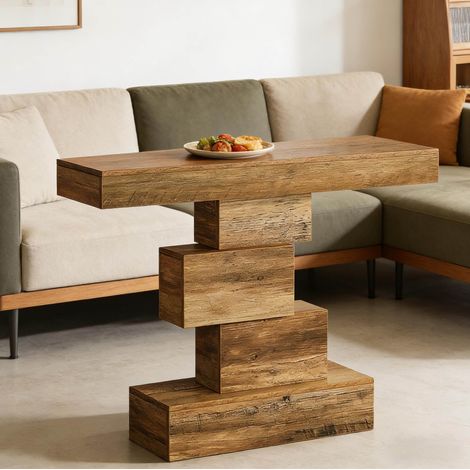 Mesa consola de entrada 108 x 30 x 80 cm con base geométrica, efecto madera clara OKMYHOME (1/5)