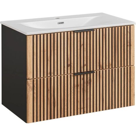Badezimmer-Set KINOKO: Waschtischunterschrank mit Schubladen 80cm + Einbauwaschbecken weiß