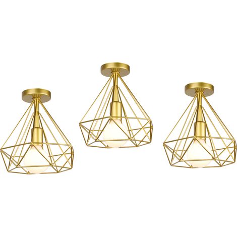 Deckenleuchte Vintage Semi-Flush Mount Deckenlampe mit Diamant Form Käfig Antik Licht E27 Lampenfassung für Loft Esszimmer Schlafzimmer Gold 3PCS