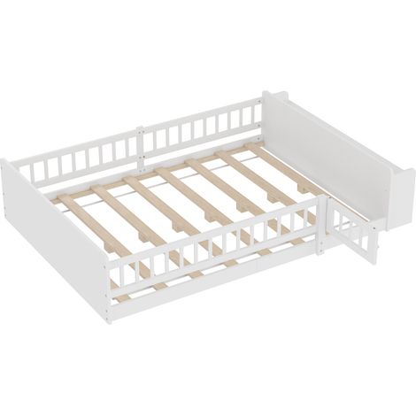 Lit enfant en bois 140 x 190 cm avec rangements ouverts et portillon, blanc (1/5)