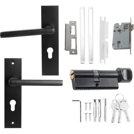 Poignée De Porte - Ensemble Verrouillage Cylindre En Alliage De Zinc Et Cuivre - Pour Portes En Bois Ou Métal Épaisseur 35 À 50 Mm - Noir - 1 Pièce (1/5)