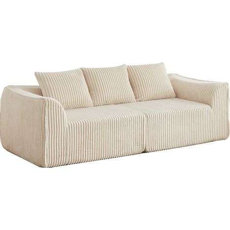 Canapé 235 cm en tissu beige, lignes courbes et assise extra-large, sans montage, pour salon ou chambre, avec 2 coussins – CHICFURN (1/5)