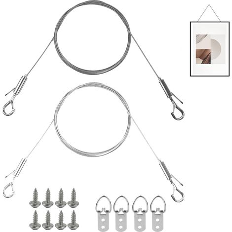 Lot de 2 câbles de suspension réglables pour photos - 2 m x 1,5 mm - Câble de suspension réglable en acier inoxydable 304 - Œillets pour accrocher des miroirs, cadres photo, lamelles lumineuses (1/5)