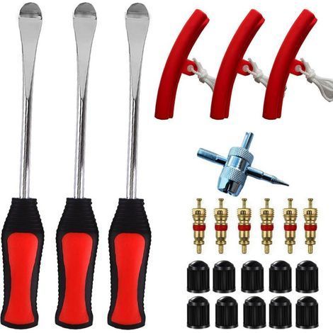 DéMonte Pneu 23 Costumes, 3 Leviers de Pneus, 3 PièCes De Protection de Jante De Roue Kit D'Outils 10 Bouchons de Valve de Pneu et Capuchons pour Moto VéLo (1/4)