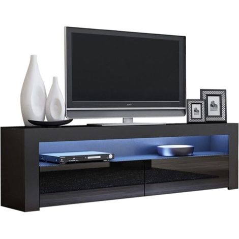 Meuble TV Savelli LED Noir MAT et portes en Noir laqué 157 cm (1/4)